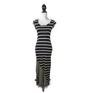 Everleigh Long Maxi Dress Womens S Blue Beige Striped Short Sleeve Stretchy